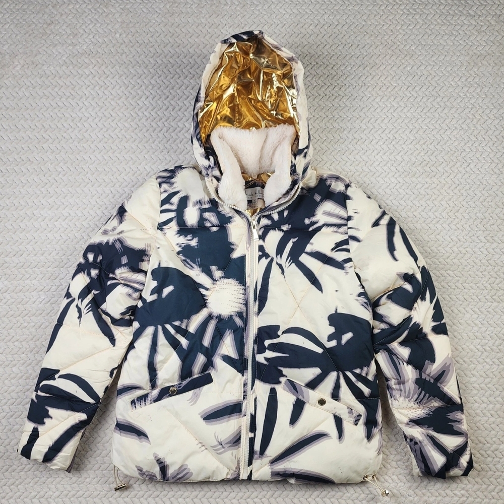 Nicole Miller Puffer Jacket Women Coat Med Insulated Hooded Gold Liner Palm NWT